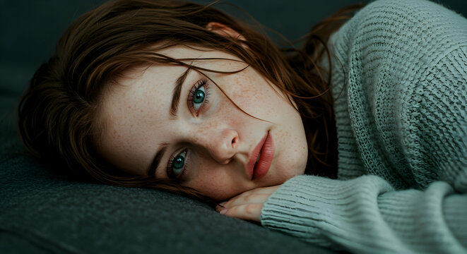 Youthful woman resting serene face pensive mood calm expression gentle eyes