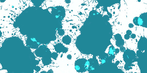 background features numerous irregular cyan paint splatters and brush strokes, creating a dynamic and textured surface with varying shades of blue-green.