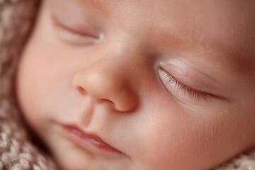 Fototapeta premium Close-Up of Newborn Baby Sleeping Peacefully, Representing Innocence and New Beginnings in Family Life, Childhood, and Parenting : Generative AI