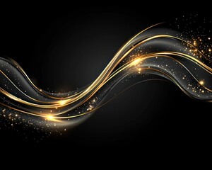 Abstract dark background with two elegant golden waves, glittering particles