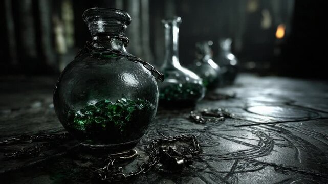 Bottles of mysterious liquids rest on a stone surface, hinting at a dark history linked to the bubonic plague and early medical efforts for healing and prevention