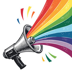 Vibrant rainbow sound waves emanating from a megaphone, isolated on white background.  Illustrative style.