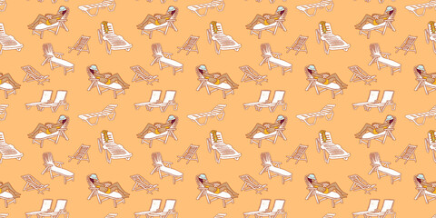 Women in swimsuit relaxing on the sea. Girl sleeping on a beach lounger. Family on seaside vacation. Woman, boy and girl on the beach. Summer resort orange seamless pattern. Happy vacation