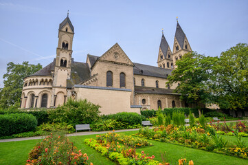 View of Basilika Sankt Kastor surrounded by gardens in Koblenz Germany