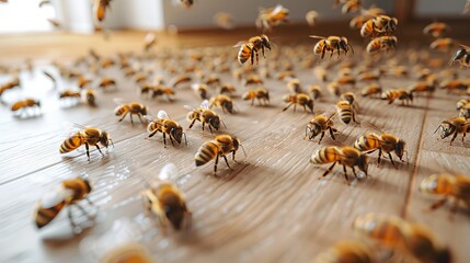 A dynamic scene of numerous bees buzzing and flying around on a wooden surface, capturing the intricate beauty of nature and the importance of pollinators in our ecosystem.
