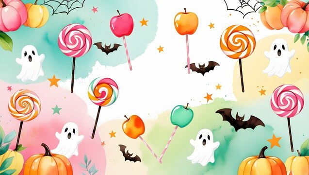 Whimsical Halloween candy design hand-painted in watercolor style, showcasing colorful spooky treats with a clean minimal layout — ideal for use in postcards, party invitations.