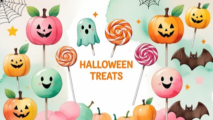 Whimsical Halloween candy design hand-painted in watercolor style, showcasing colorful spooky treats with a clean minimal layout — ideal for use in postcards, party invitations.