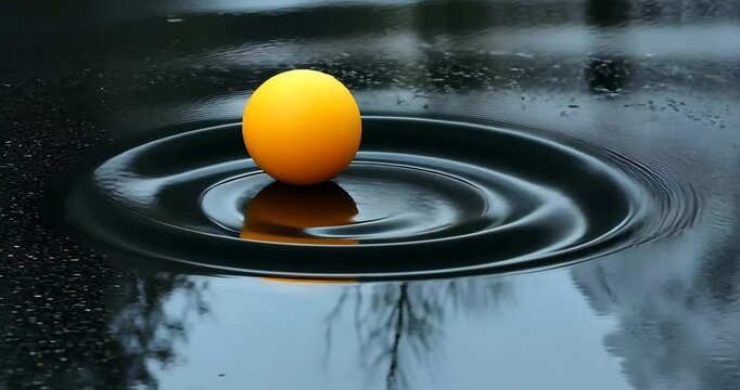 A yellow ball drops into a puddle, creating ripples and reflections on a rainy day.