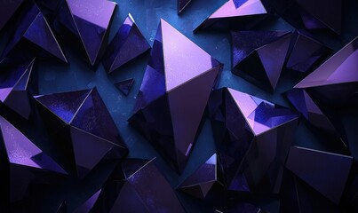 Obraz premium Abstract digital artwork depicting a scattering of dark purple,faceted triangular shapes on a dark blue background, 