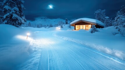 A cozy cabin warmly illuminated in a snowy landscape under a moonlit sky, conveying peace and tranquility in a winter wonderland, evoking feelings of warmth and safety.