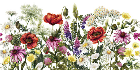 Horizontal seamless pattern of garden wildflowers. Chamomile, poppy, alfalfa, bindweed, yarrow, wild pea, buttercup, clover, wild carrot, echinacea. Medical plants. Print of meadow flowers © Viktoriia Holovko