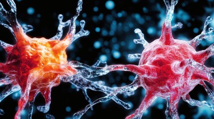 An intricate depiction of immune cells engaged in a vibrant battle, showcasing the dynamic interactions that represent life, health, and the body's defense mechanisms vividly.