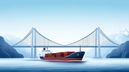Obraz premium Container Ship Navigating Under a Modern Suspension Bridge at Dawn