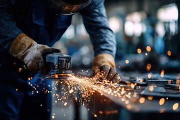 Dedicated worker in overalls and helmet working with an angle grinder at a factory, producing metal parts for the automotive industry.
