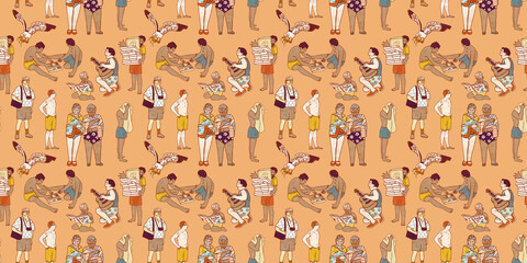 People having fun and relaxing on the beach seamless pattern. Summer orange wallpaper with groups of men and women. Happy vacation in a hotel by the sea