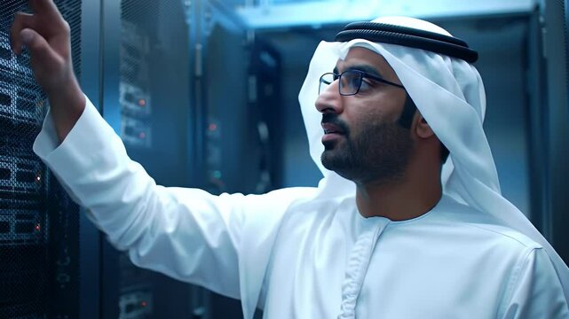 Arab Man Inspecting Server Racks in Data Center