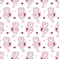 Burgundy White Romantic Vector Seamless Pattern of Wine Glasses with Hearts, Wine Splashes. Wine Lover Holiday Background