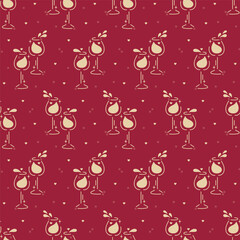 Burgundy Red Golden Romantic Vector Seamless Pattern of Wine Glasses with Hearts, Wine Splashes. Wine Lover Holiday Background