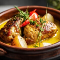 closeup shot ready to serve muamba de galinha gourmet styling shallow