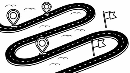 Fototapeta premium Winding Road Journey with Multiple Location Pins and Destination Flags Illustration