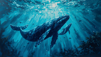 Fototapeta premium Underwater Double Exposure Humpback Whale Silhouette in Kelp Forest