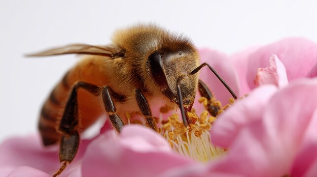 Honeybee close-up on flower isolated on white