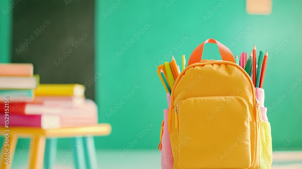Poster bright yellow backpack filled with colorful pens and pencils stands in a classroom with a stack of b