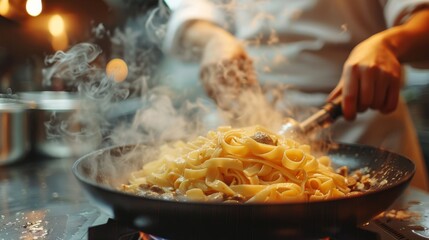 A chef skillfully preparing fresh pasta in a busy kitchen, showcasing steam rising from the pan and the focus and dedication that goes into creating culinary delights.