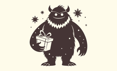 Christmas yeti silhouette, bigfoot with tree, winter holiday design, festive cutout graphic, vector illustration