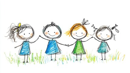 Fototapeta premium Joyful Children Holding Hands in Colorful Dress Illustrating Friendship