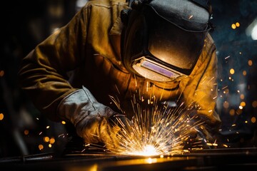 Close-up of a professional welder working with metal in a factory, with bright sparks and protective gear creating dramatic visuals.