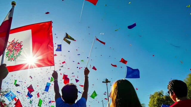 Chilean flag celebration during Fiestas Patrias in a vibrant festive atmosphere, Chilean flag Celebration Fiestas Patrias Chile graphic waving