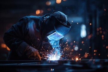 Close-up of a professional welder working with metal in a factory, with bright sparks and protective gear creating dramatic visuals.
