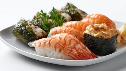 Assorted sushi plate on white background