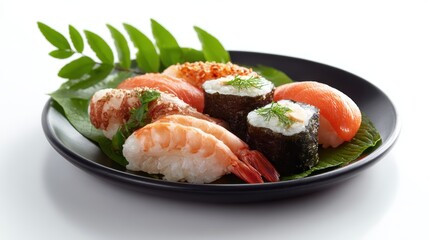 Assorted sushi plate on white background