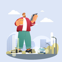 cartoon man waiting for taxi with coffee in hand on city street, vector illustration