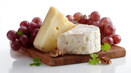 Cheese board with grapes isolated on white background