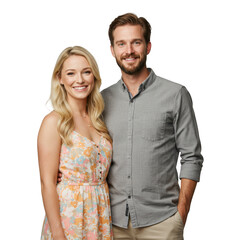 Fototapeta premium Smiling couple posing together in casual attire isolated on transparent background