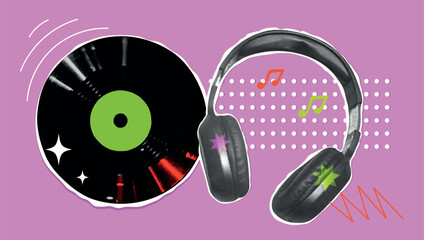 Vintage retro music halftone set. Karaoke collage collection with vinyl, headphones. Grunge equipment, modern disco elements for sing poster, podcast. Trendy isolated vector illustration.