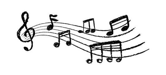 Charcoal scribble music notation. Handwritten pop design with colorful notes and clean lines. Funny song symbols handwritten by black crayon on white background. Vector illustration for kindergarten © A_Y_N