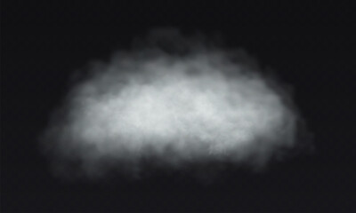 Vector white cloud. Fog smoke effect on transparent dark background.