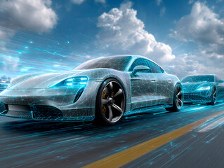 Futuristic sports cars with glowing digital wireframes racing on highway under dramatic cloudy sky and blue neon motion trails