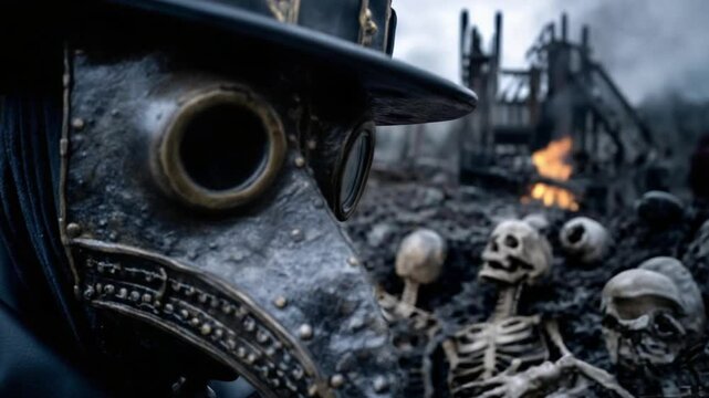A figure dressed in historical plague doctor attire stands among skeletal remains, evoking the dark reality of the bubonic plague's devastation in a haunting graveyard atmosphere