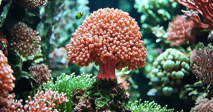Close-up of a vibrant pink soft coral polyp in a reef aquarium.