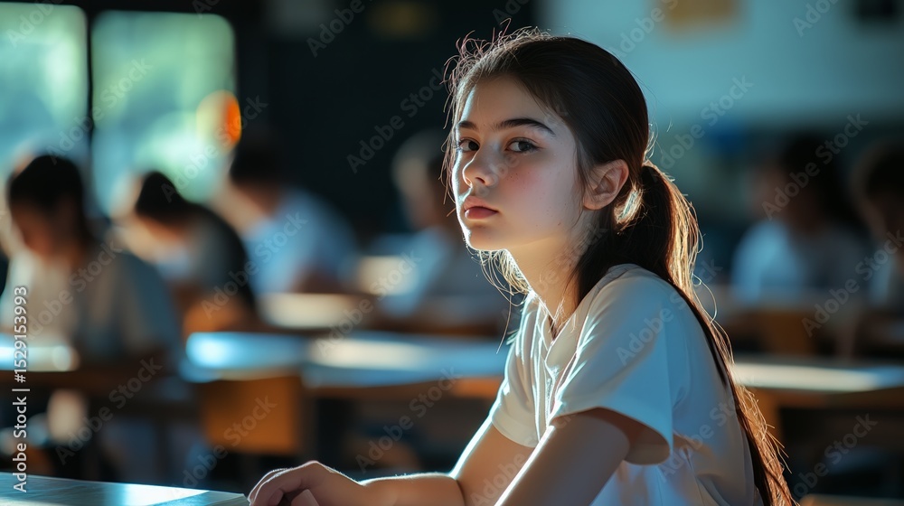 Poster schoolgirl sitting at a desk in a vibrant classroom, surrounded by classmates engaged in learning ac
