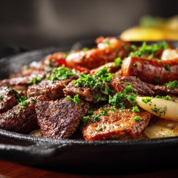 closeup shot ready to serve Discada plated mixed meat skillet  textures shallow