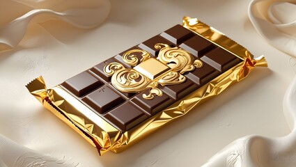 Luxury chocolate bar with gold design isolated on white background