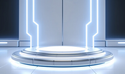 Beautiful futuristic technological light podium with neon panels for product presentation.