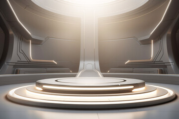 Beautiful futuristic technological light podium with hi-tech panels for product presentation.