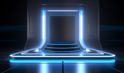 Beautiful futuristic technological light podium with neon panels for product presentation.